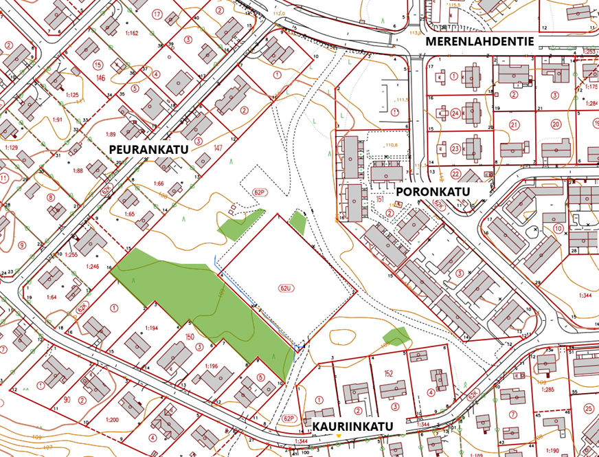 Karttaan merkattu vihreällä Lappeenrannan Kauriinkadun kentän alueen puiden poisto alue.   